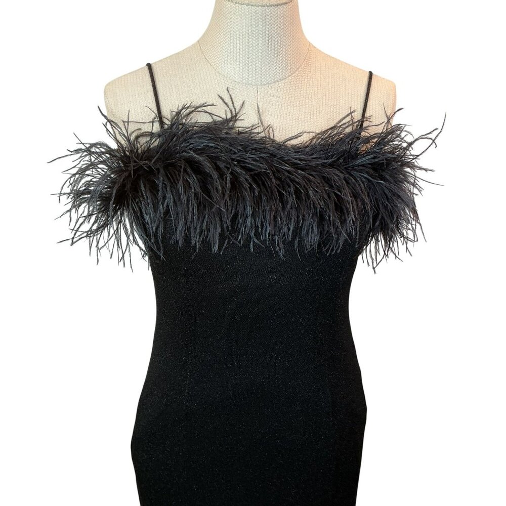 Alex Evenings Spaghetti Strap Feather Trim Evening Gown Womens 6P Black - Picture 3 of 10